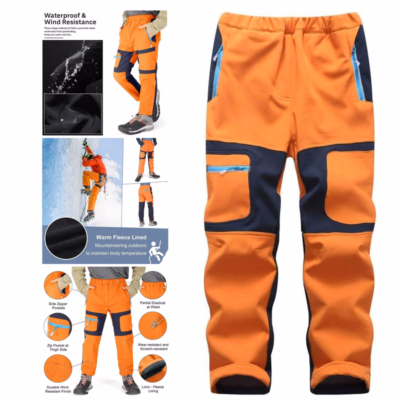 linlon Kid Boy Snow Waterproof Pants Youth Fleece Lind Hiking Softshell Warm Insulated Trouser