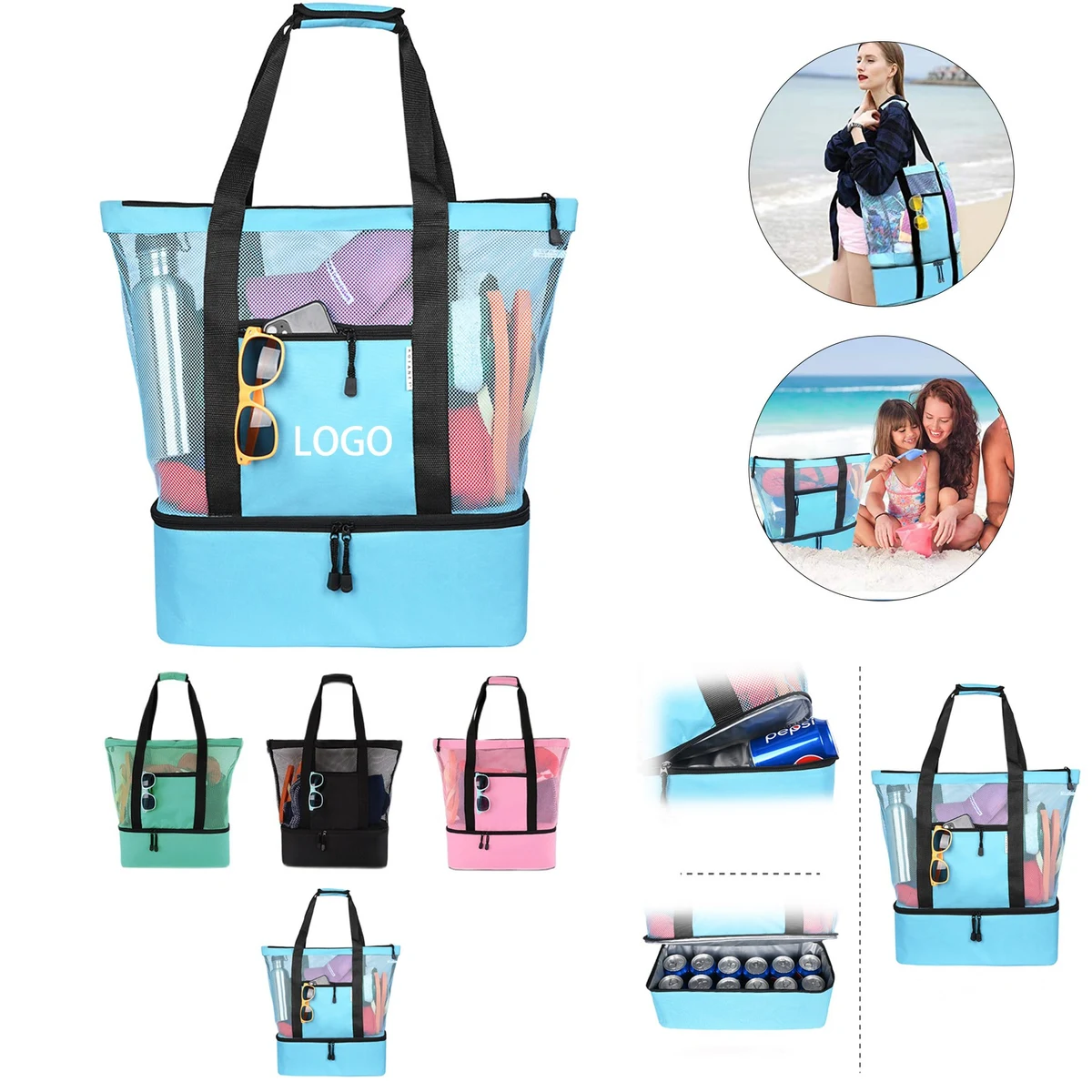 Insulated Beach Mesh Tote Bag with Bottom Thermal Layer 1