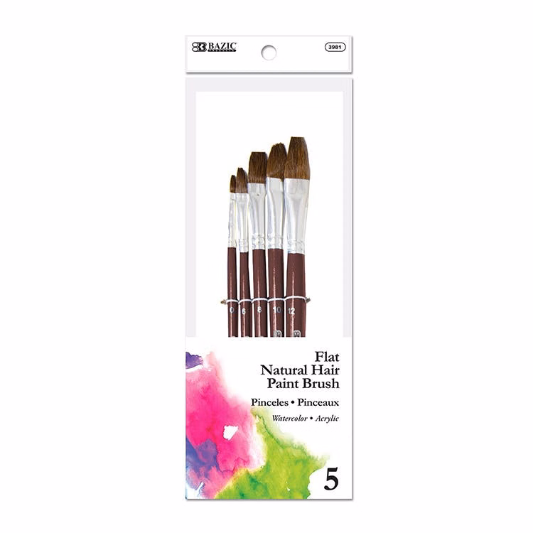 Natural Hair Paint Brushes - 5 Pack Flat