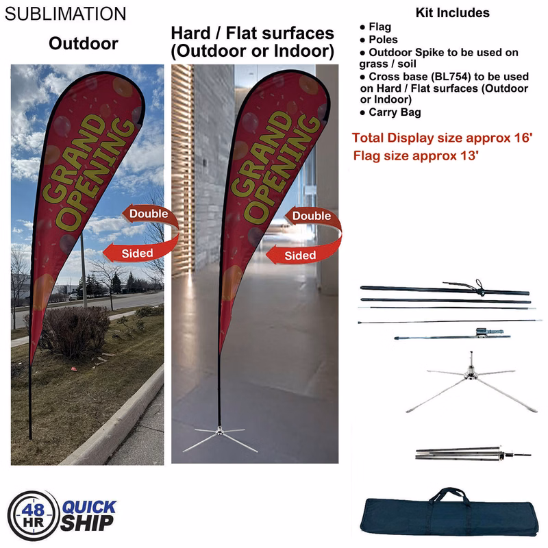 48Hr Quick Ship - 16' XL Tear Drop Flag Kit, Full Color Graphic Double Side, Outdoor & Indoor Use
