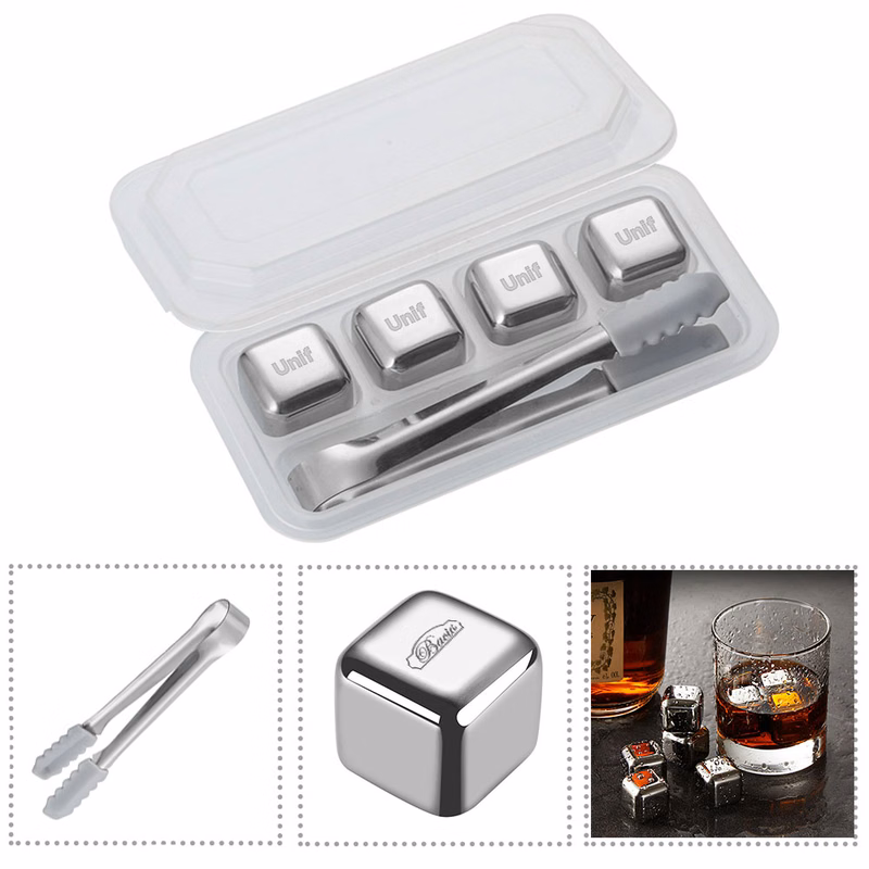 4pcs Stainless Steel Wine Cube Set W/ Silicone Clip