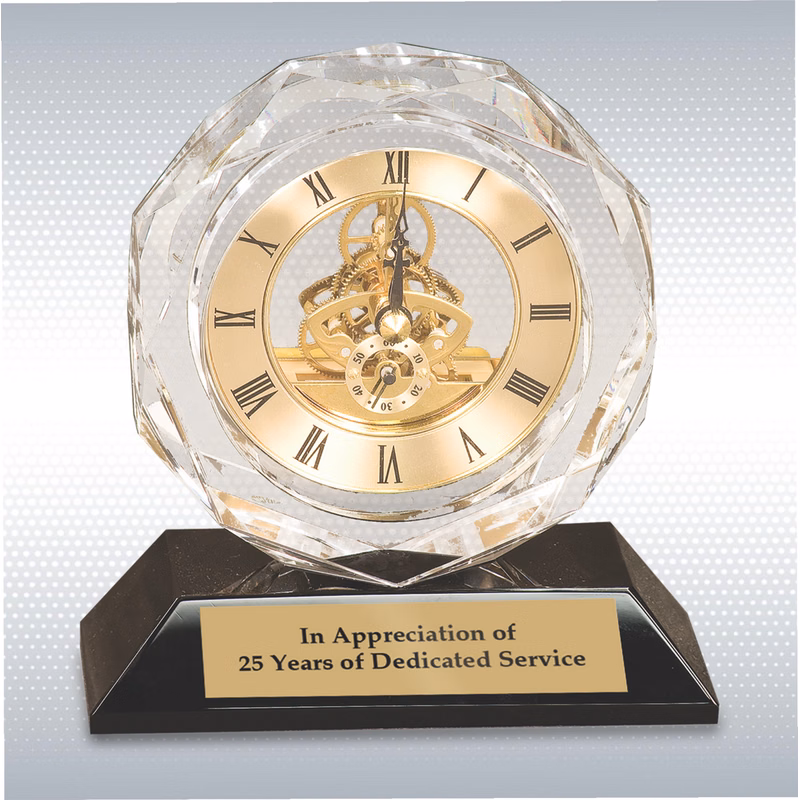5 3/4" Clear Crystal Clock On Black Pedestal Base