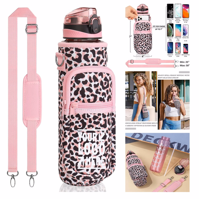 32 OZ BPA Free Plastic Motivational Water Bottle With Sleeve Insulated neo Holder Carrier Bag