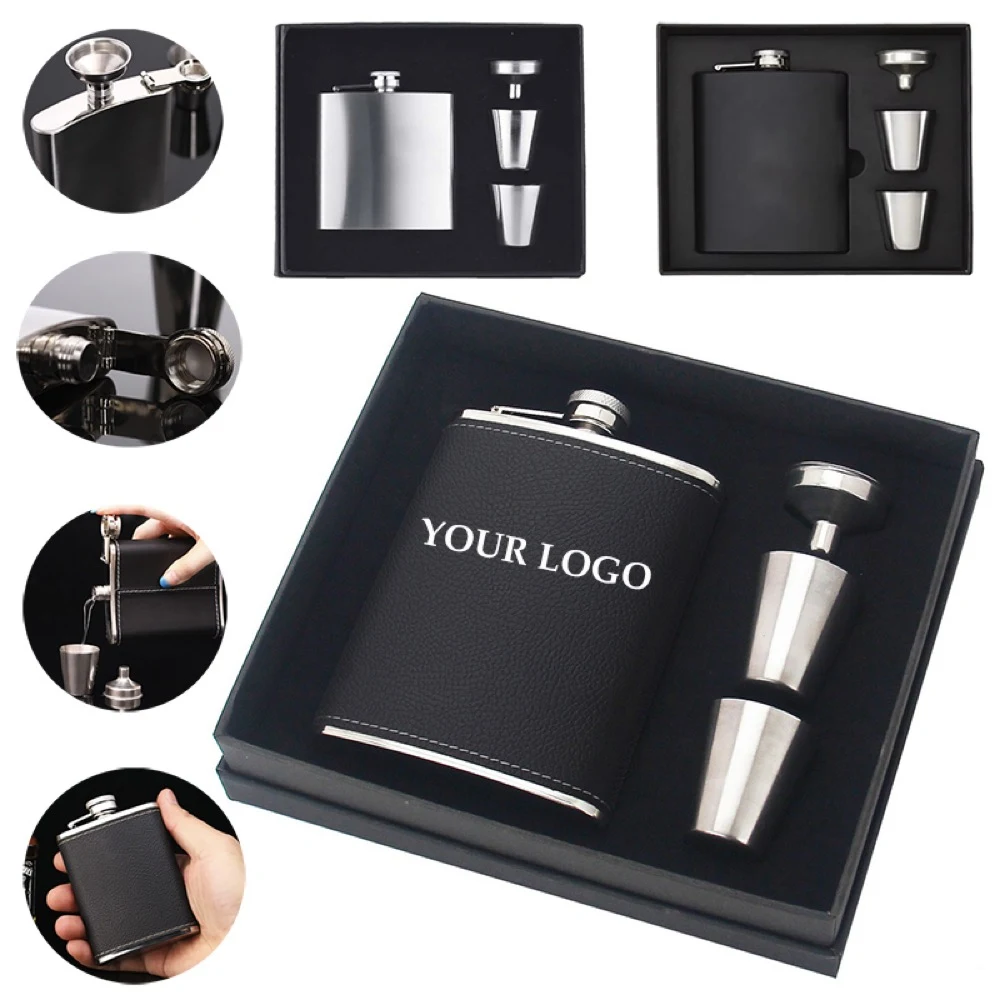 Hip Flasks for Men 8oz Leather Flask Gift Set, custom water bottle with logo imprint 1