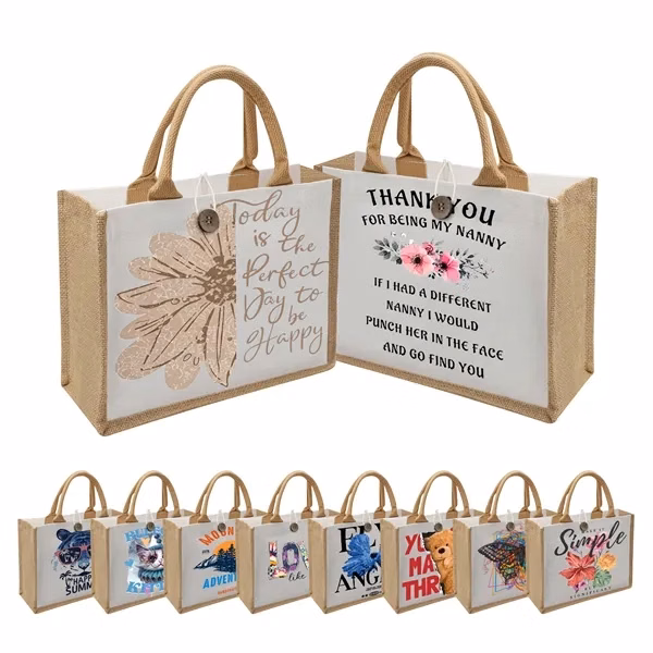 Custom 11.8 x 5 x 9 Inch Canvas Burlap Tote Waterproof Lining Gusset — Shopping