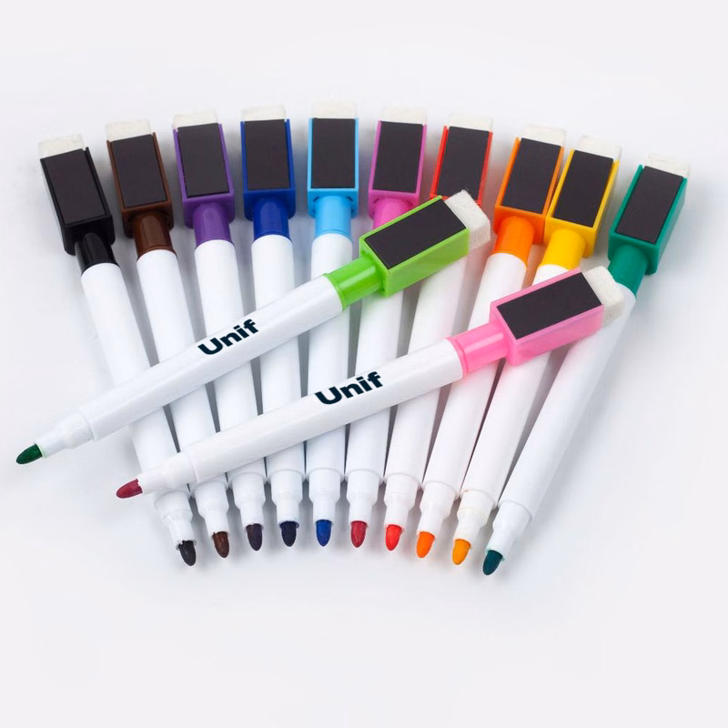 Dry-erase colored whiteboard markers with magnetic cap and eraser