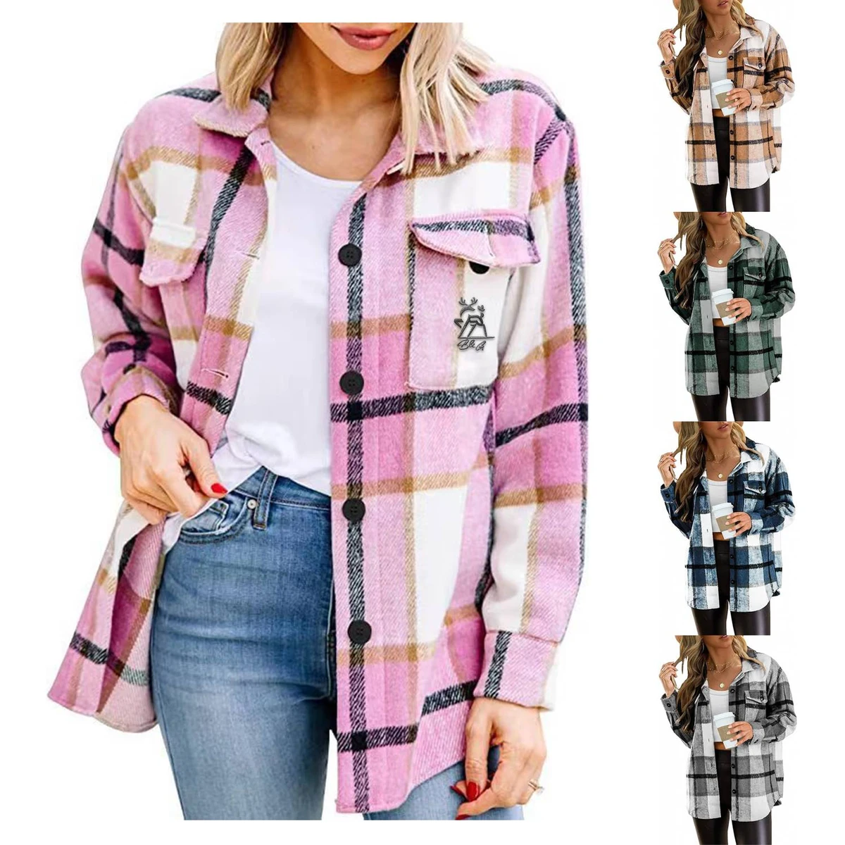 Casual Plaid Shacket Button Down Long Sleeve Shirt 1