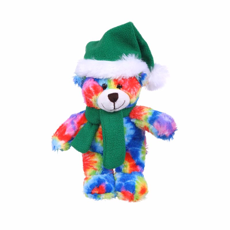 Soft Plush Stuffed Tie Dye Bear with Christmas Hat and Scarf