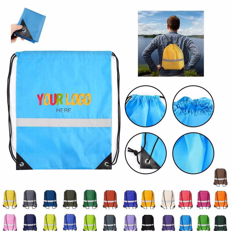 Foldable Drawstring Backpack With Reflective Line