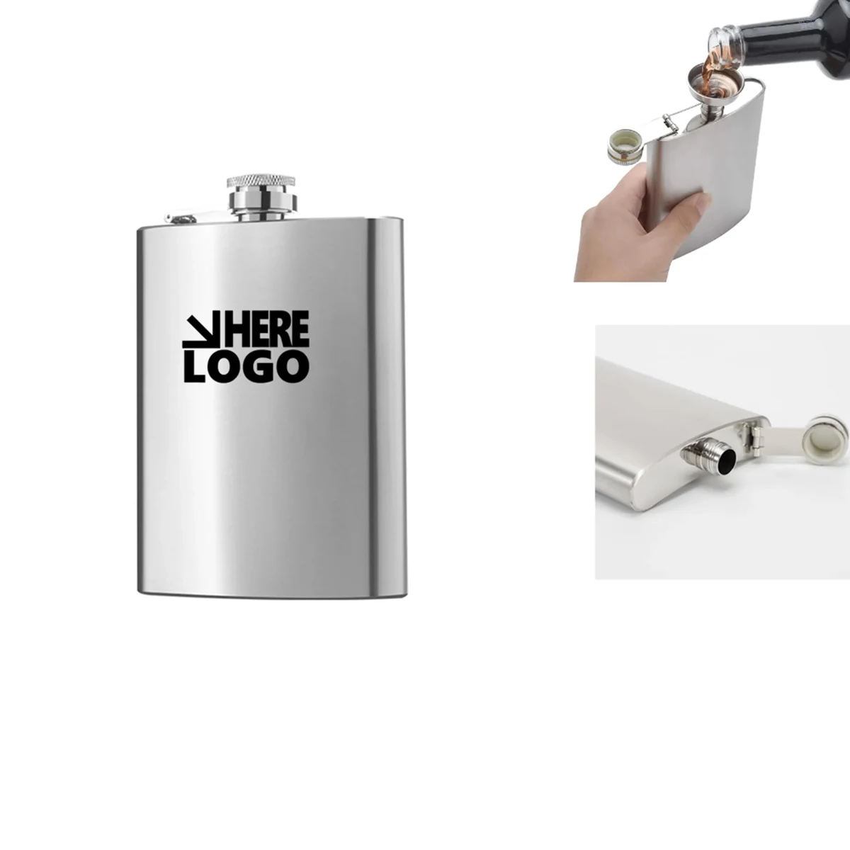 8oz Silver Stainless Steel Flask, custom water bottle with logo imprint 1