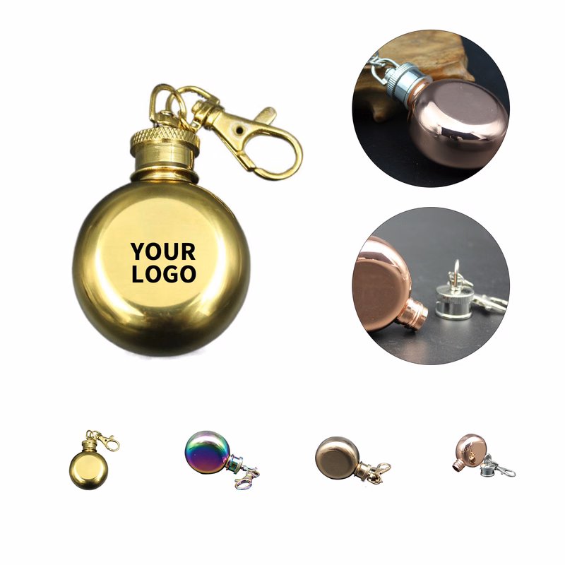 Stainless Round Pocket Flask 1 Ounce With Keychain Clip