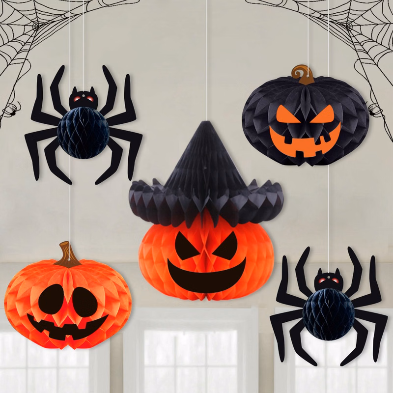 Halloween Spider and Pumpkin Honeycomb Hanging Decorations