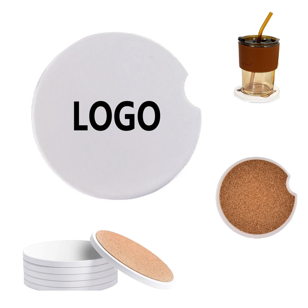 2.56" Custom Absorbent Ceramic Car Holder Coaster Cork Base 1