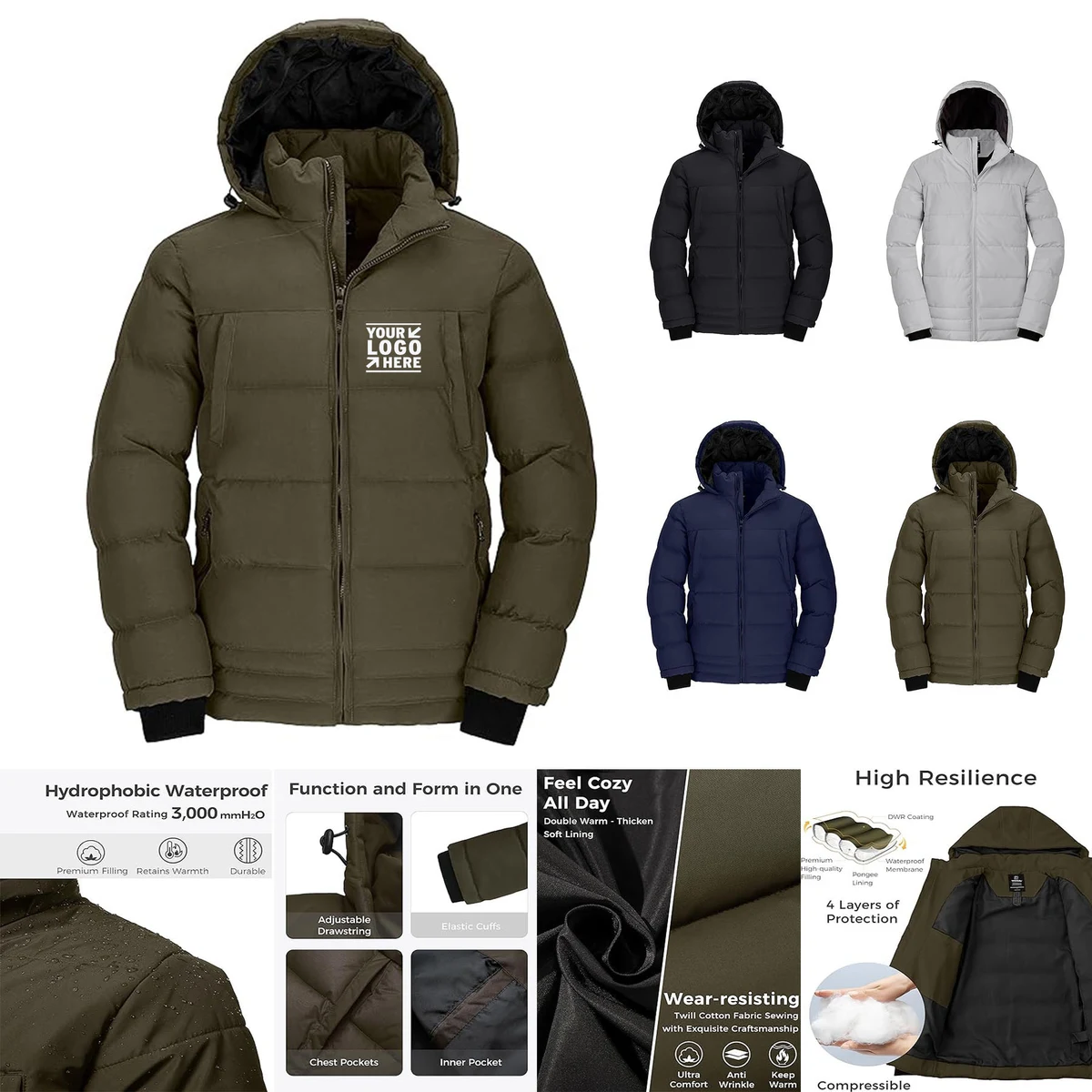 Men Thicken Water Resistant Insulated Puffer Jacket Warm Winter Coat with Hood 1