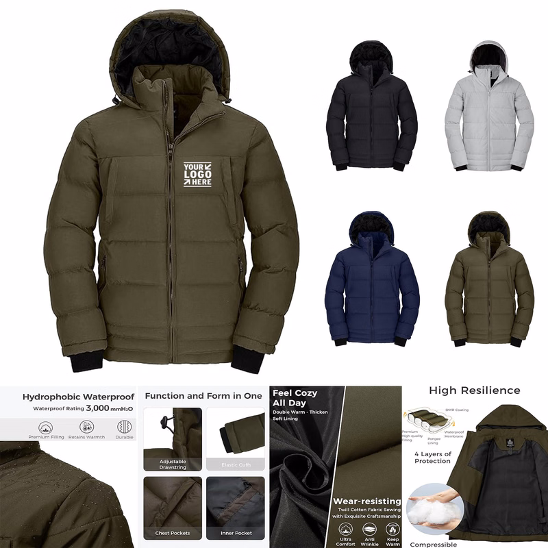 Men Thicken Water Resistant Insulated Puffer Jacket Warm Winter Coat with Hood