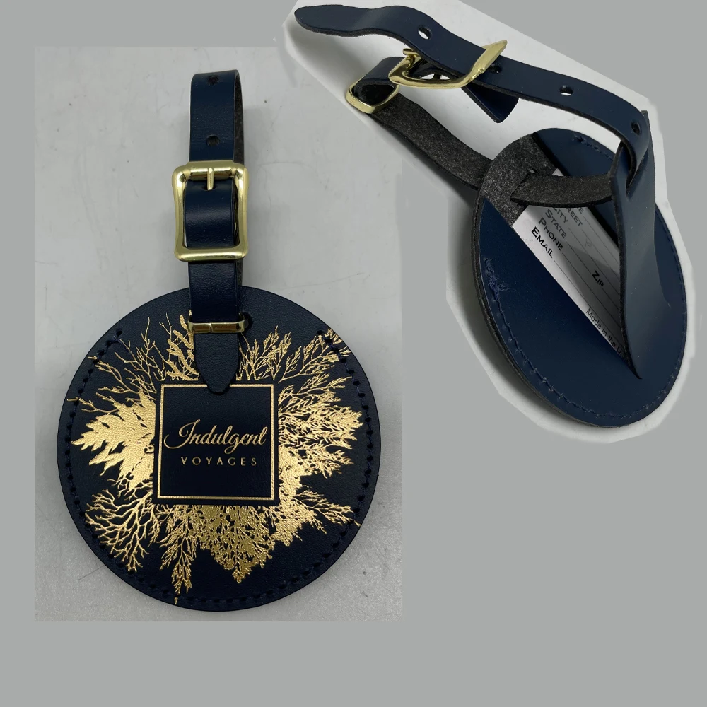 DEBOSSING & HOT STAMP Round Genuine Leather Luggage Tag. 1