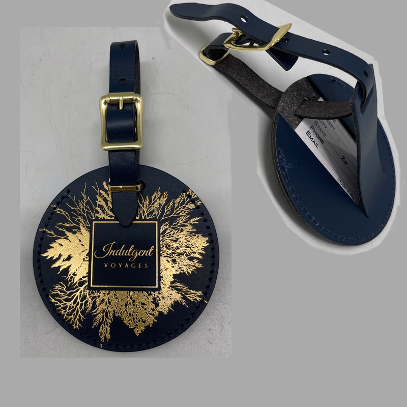 DEBOSSING & HOT STAMP Round Genuine Leather Luggage Tag.