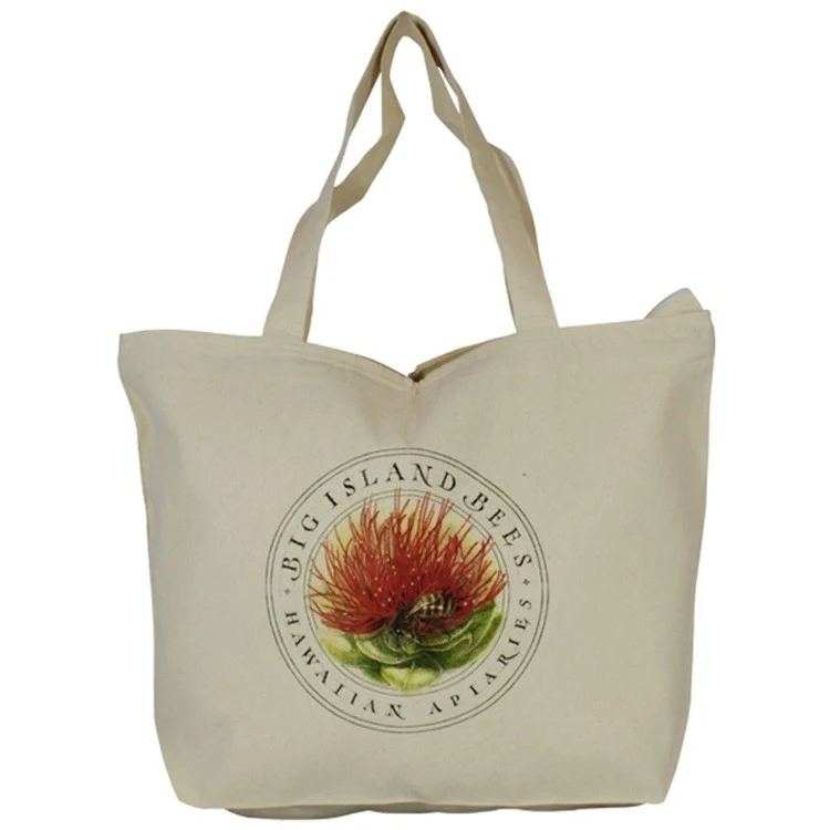 Top Zippered Natural Cotton Tote, custom tote bag with logo imprint 1