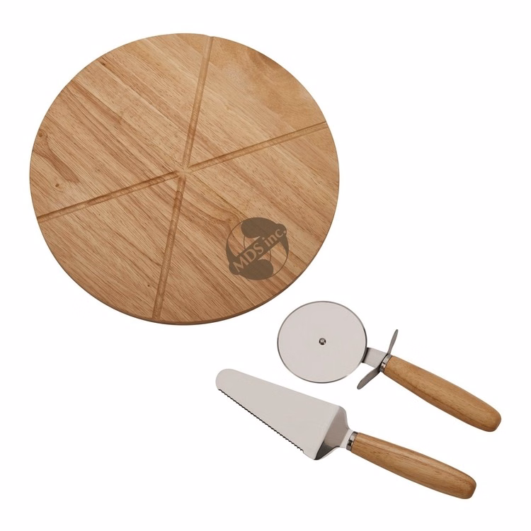 14" Rubber Wooden Pizza Board w/2 Utensils