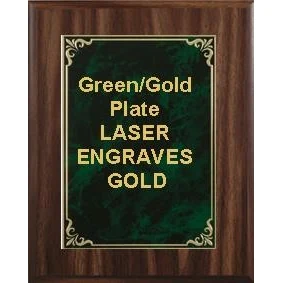 8" x 10" Classic Walnut Finish Plaque with a Green/Gold Aluminum High Relief Plate 1