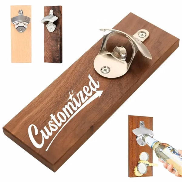 Custom Wall-Mounted Wooden Bottle Opener with Metal Insert — Home Bar & Beverage Promo