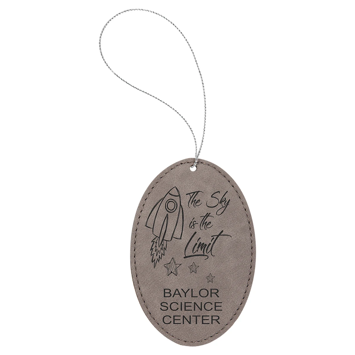 Gray Laserable Leatherette Oval Ornament w/Silver String 1