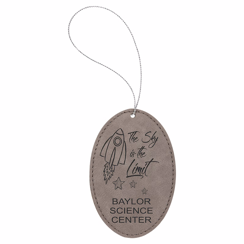 Gray Laserable Leatherette Oval Ornament w/Silver String