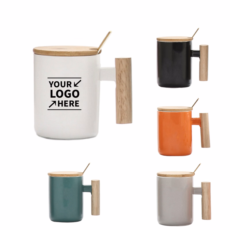 Ceramic Cup With Wooden Handle, Spoon, Lid