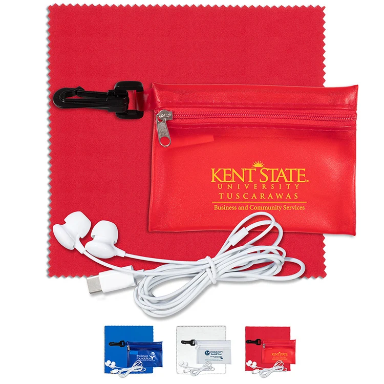 Earbud Tech Kit with Microfiber Cleaning Cloth In Translucent Carabiner Zipper Pouch 1