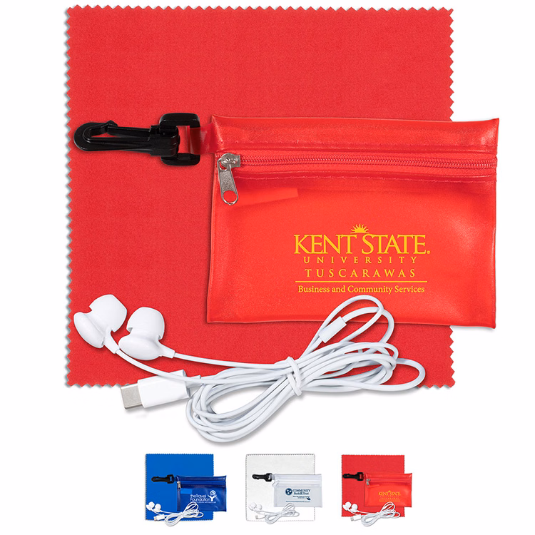 Earbud Tech Kit with Microfiber Cleaning Cloth In Translucent Carabiner Zipper Pouch