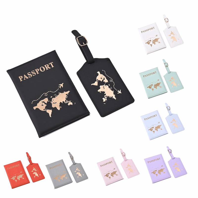 Leather Foil Map Passport Holder And Luggage Tag Set