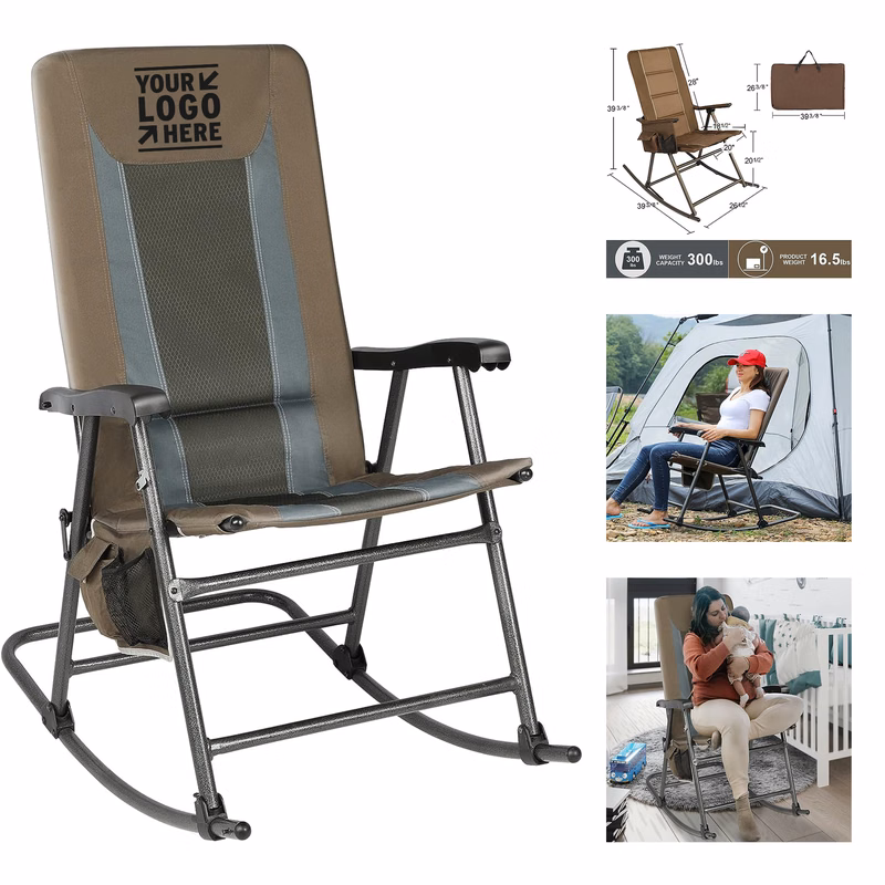 Support 300lbs Camping Patio Outdoor Portable High Back Heavy Duty Foldable Padded Rocking Chair