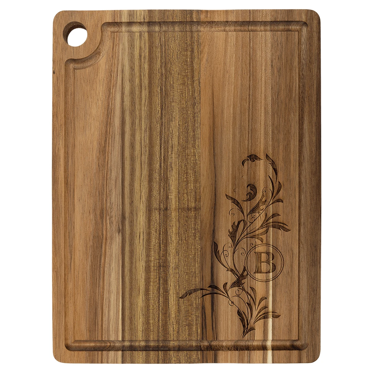 11 1/2" x 8 3/4" Acacia Cutting Board with Drip Ring and Corner Hole 1