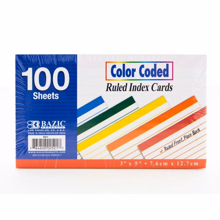 Index Cards - Ruled Color-Coded 100 Sheets 5 Colors