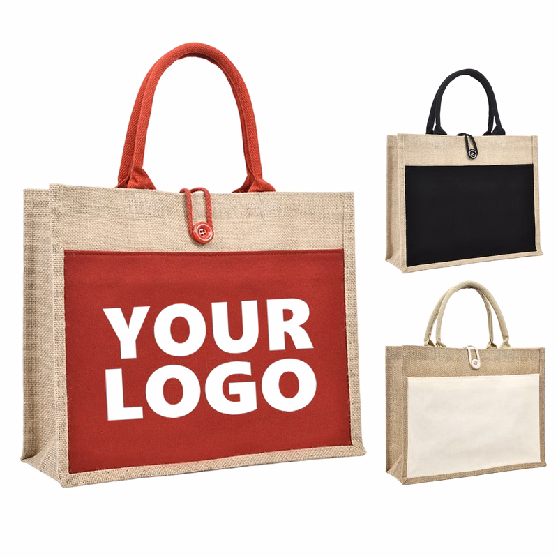 Jute Tote Bag With Exterior Pocket
