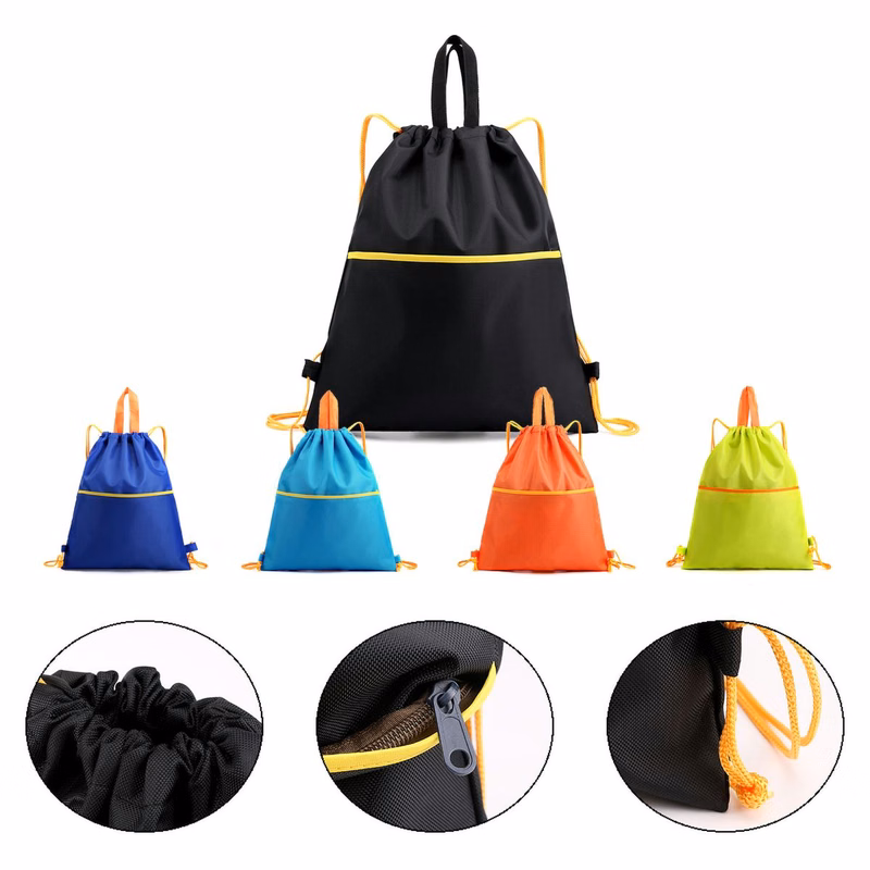 Nylon Drawstring Bag with Front Pocket