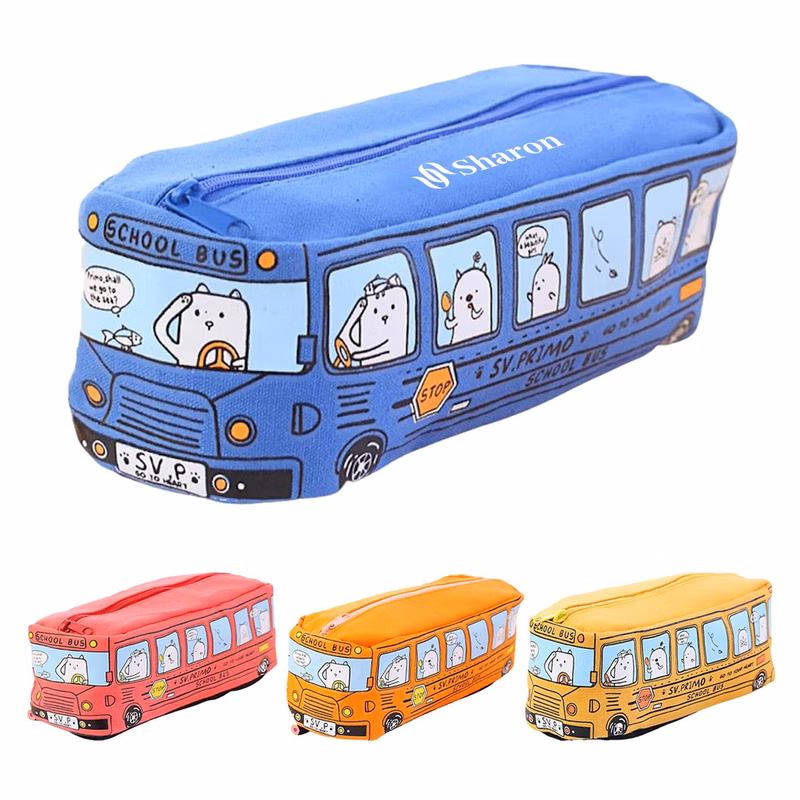 Cartoon City Bus Pencil Pouch Large Canvas Zipper Bag