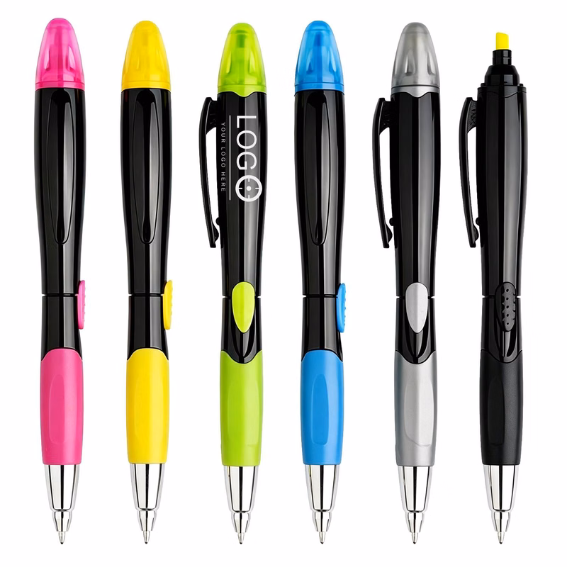 2 in 1 Black Barrel Dual Tip Gel Pen with Highlighter Top