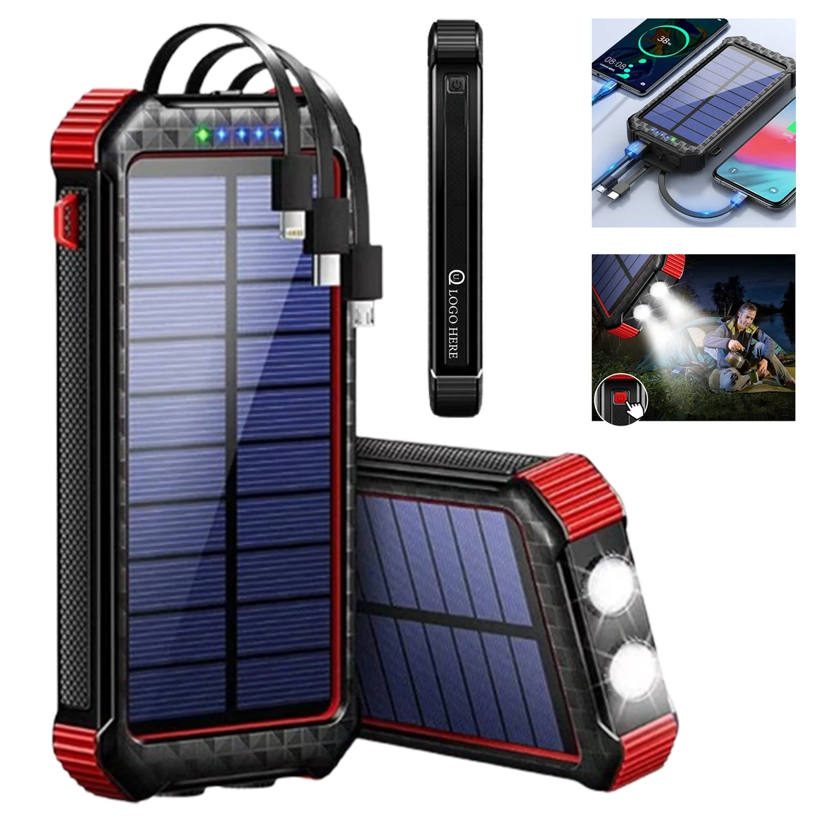 20000Mah Solar Power Bank Flashlight W/ Built-In Cables 1