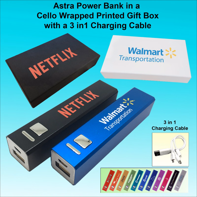 Astra Power Bank with Button 2800 mAh, supplied in a Printed Gift Box with a 3 in 1 Charging Cable N