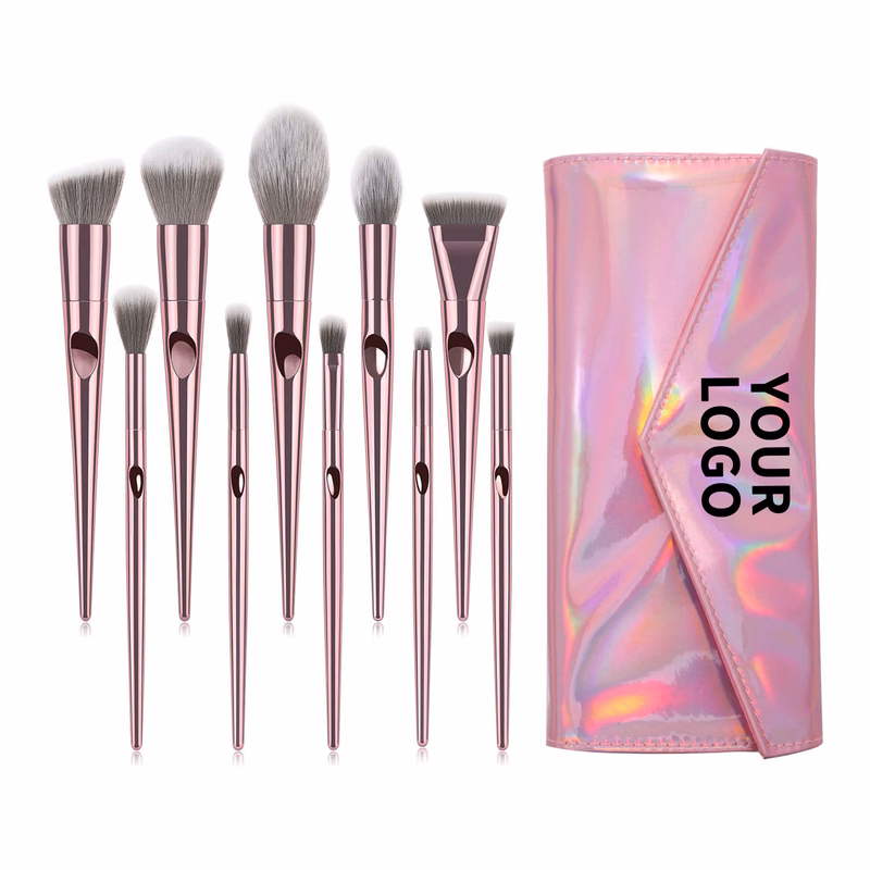 Ten Piece Makeup Brush Set With PU Bag 9.5" x 4.5"