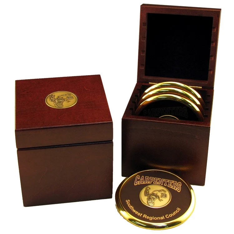 Wood Coaster Box w/ Medallion, 4.25" x 4.25" x 4.50" 1