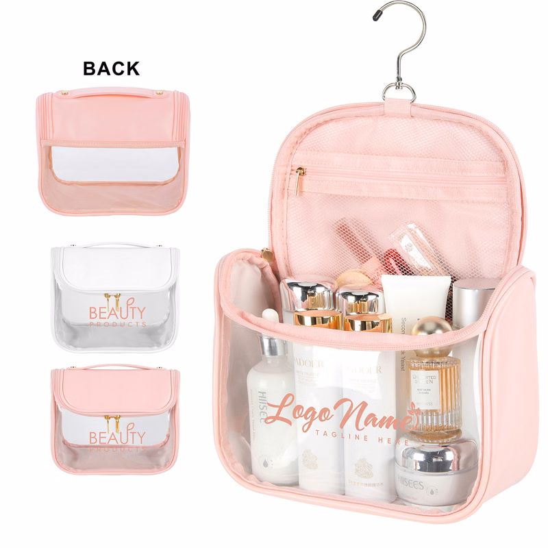 Hanging PU Leather Toiletry Bag with Clear PVC Window