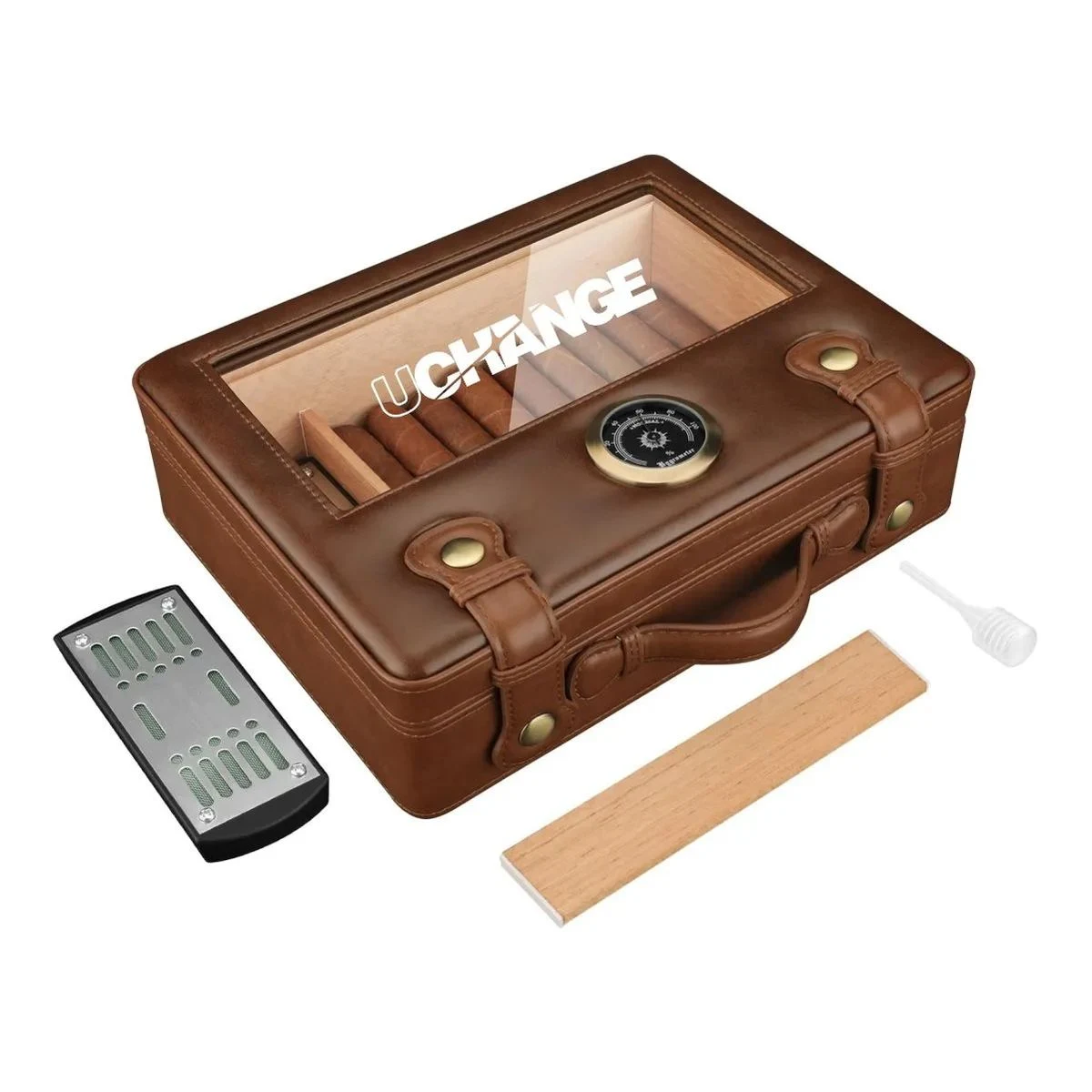 Large Leather Wood Cigar Humidor Box With Hygrometer Set 1
