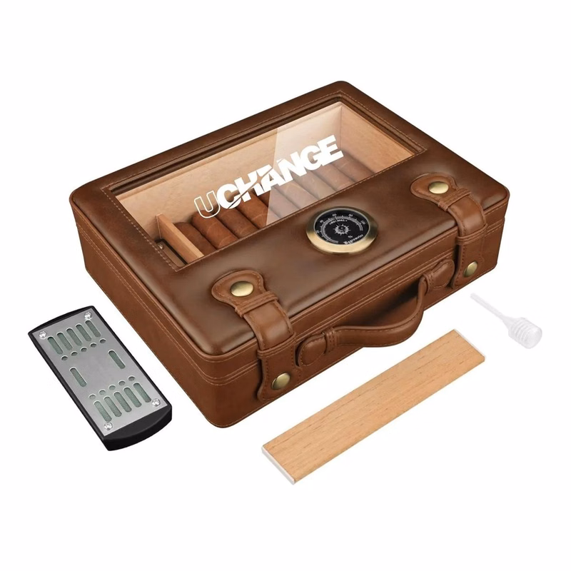 Large Leather Wood Cigar Humidor Box With Hygrometer Set