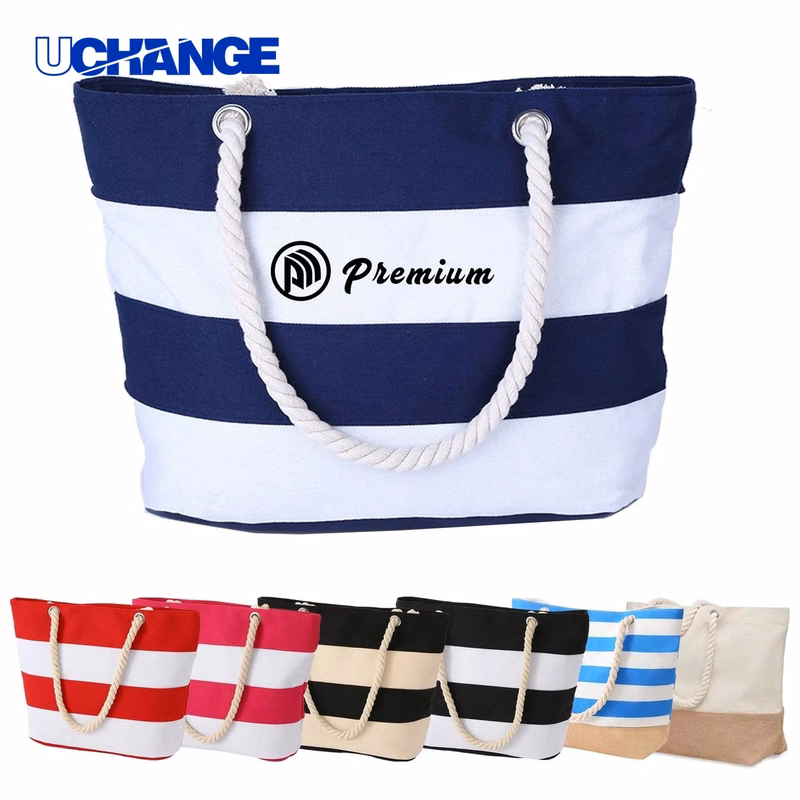 Striped Canvas Beach Tote Bag