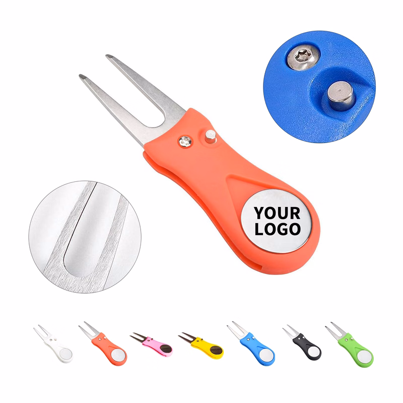 Foldable Golf Divot Tool With Spring Button And Marker