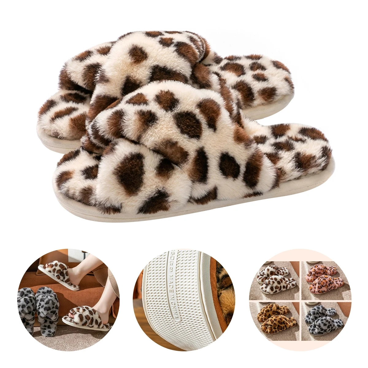 Cross Band Slippers Faux Rabbit Fur Open Toe Shoes 1