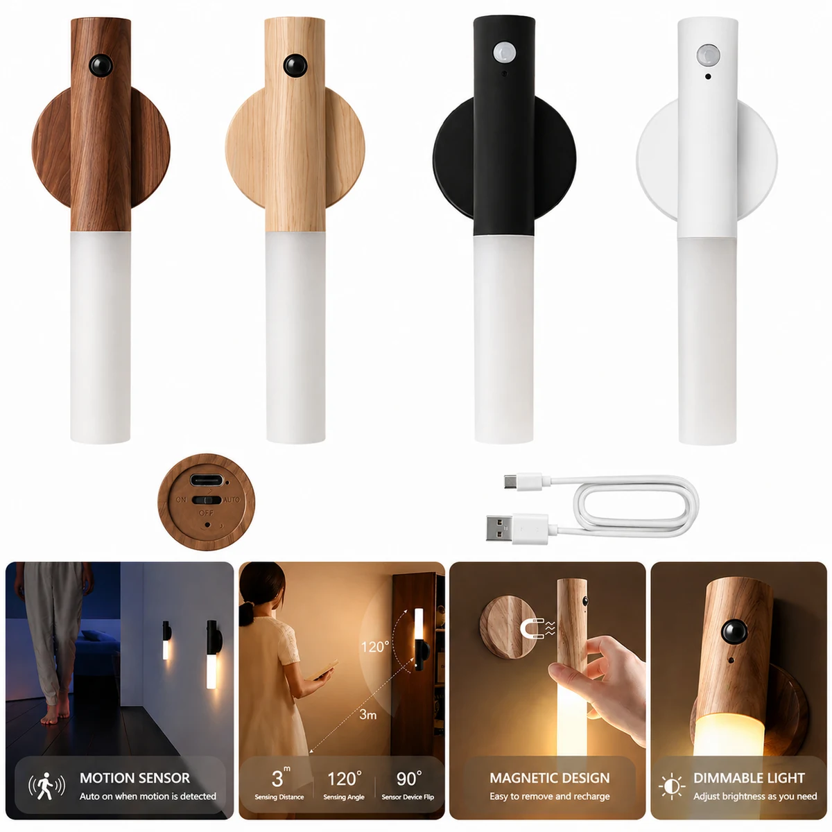 Rechargeable Motion Sensor LED Wooden Wall Light 1