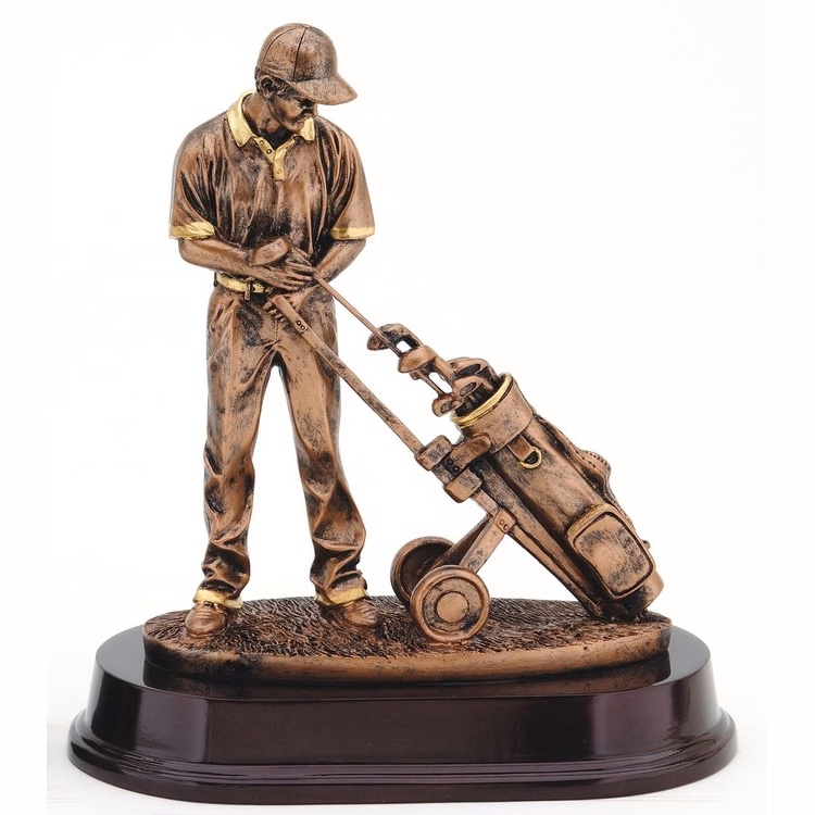 Golfer & Trolley - Bronze Series Golf Resin, 9"